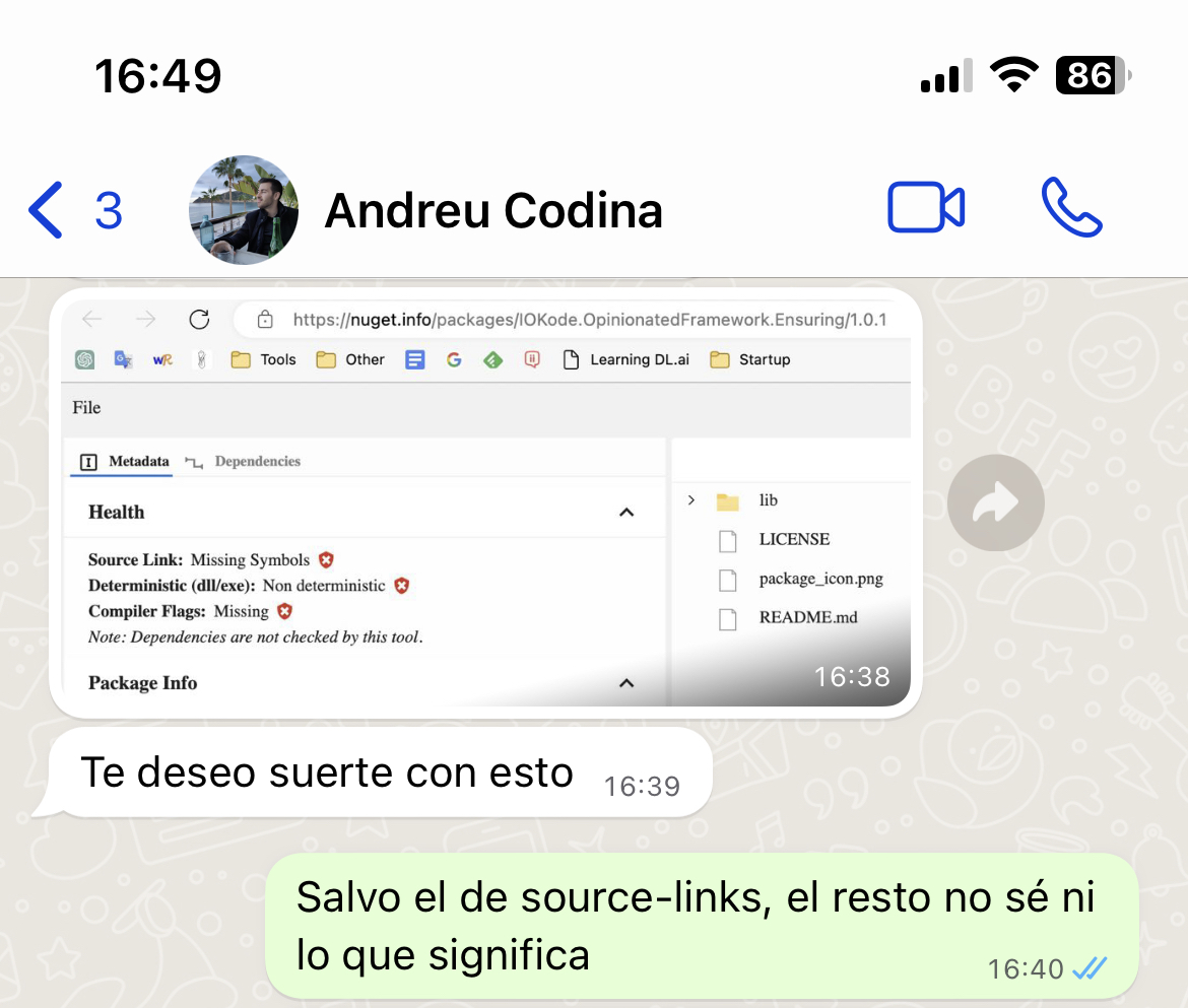 Captura de WhatsApp de Andreu en el que me envía una foto de los Health Checks no pasados y me dice “Te deseo suerte con esto”.