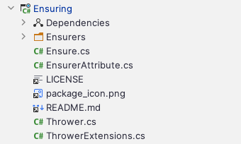Archivos LICENSE, README.md y package_icon.png aparecen en el explorador de soluciones.